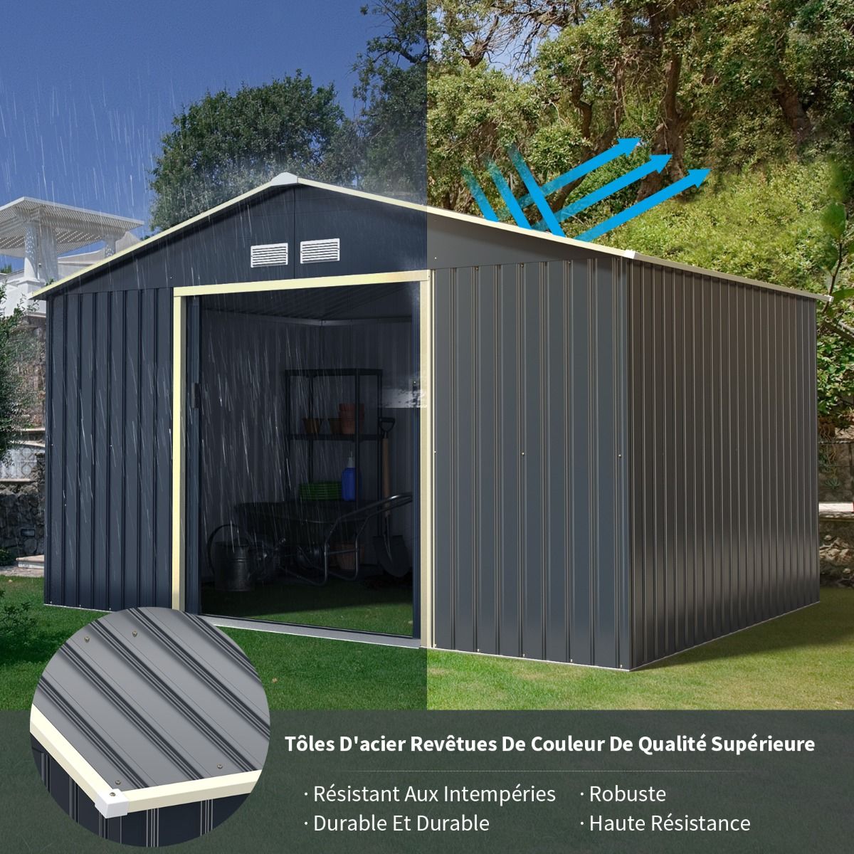 Metal Garden Shed 8.67 340 x 255 x 210 cm with 2 Lockable Sliding Doors 4 Ventilation Holes Gray for Bicycle -