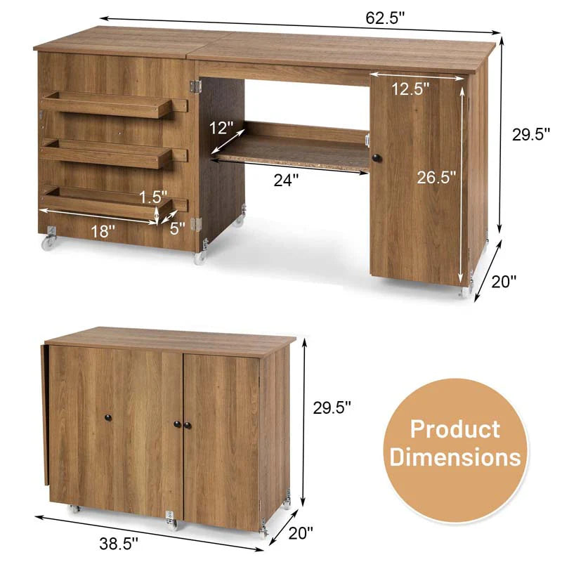 62.5" Folding Sewing Table Rolling Craft Station with Storage Cabinet & Shelves - Product image 8