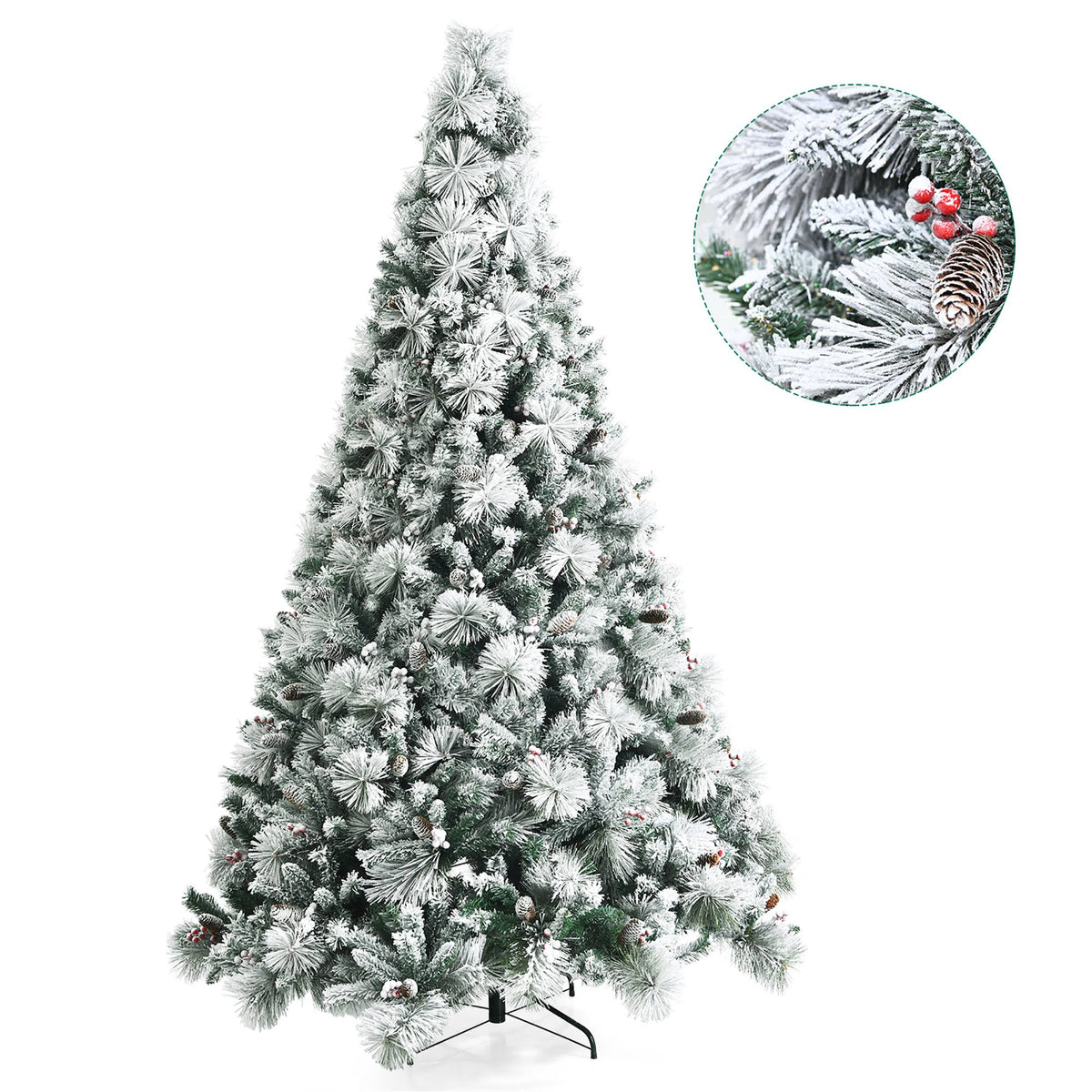 Costway CM23591 8ft Snow Flocked Artificial Christmas Tree Glitter Tips w/Pine Cone & Red Berries - Product image 1