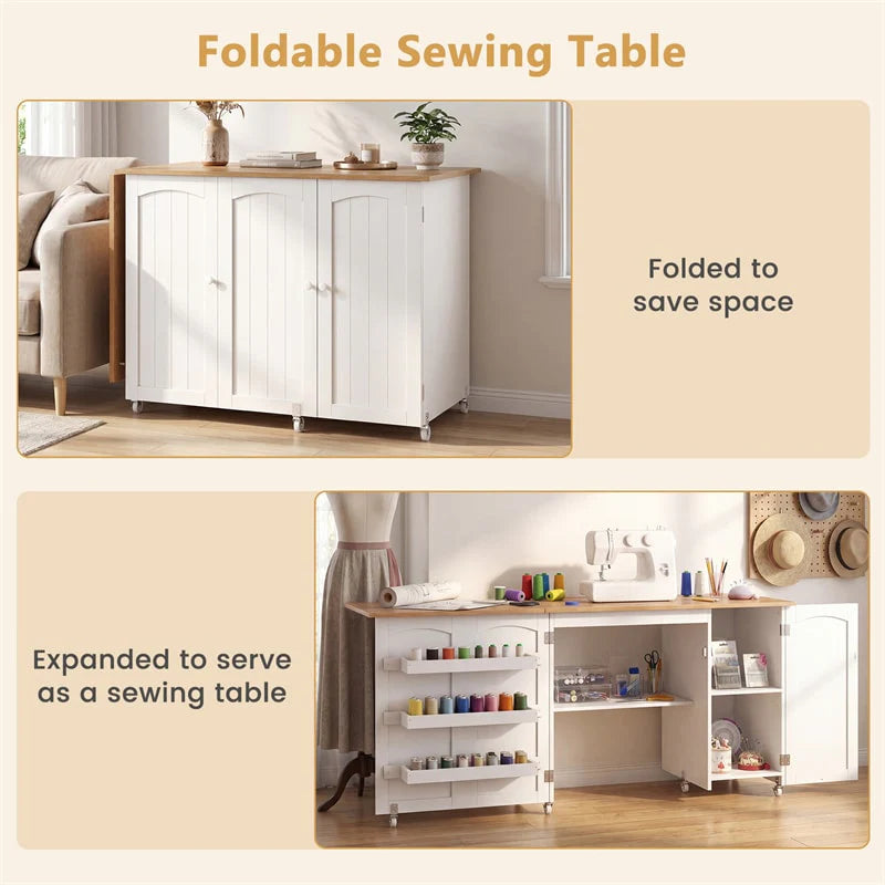 62.5" Folding Sewing Table Rolling Craft Station with Storage Cabinet & Shelves - Product image 26
