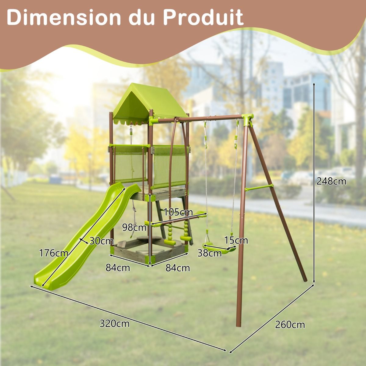 7-in-1 Swing Metal Playground with Covered Fort Height Adjustable Climbing Rope Sandbox Slider Corrugated Slide Green -