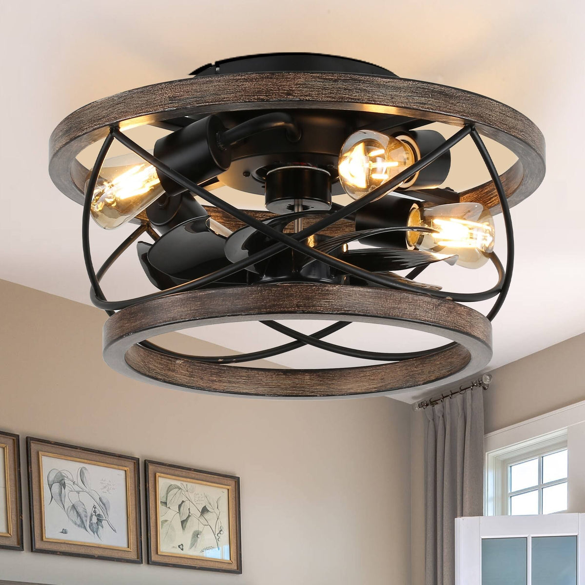 Oaks Aura Farmhouse 5-Light Cage Rustic Wood Chandelier, Adjustable Industrial Pendant Ceiling Light for - Product image 1