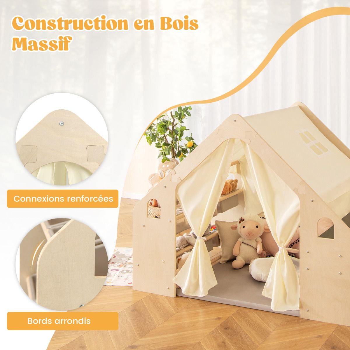 Children's Wooden Indoor Play Tent 6 in 1 Blackboard Table Chair 6 Storage Bins Floor Cushion Playhouse for 2-6 Years Old Beige -