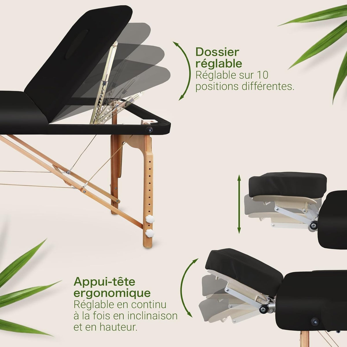 MASSUNDA All INKL Folding and Height-Adjustable Massage Chair – Mobile Solid Wood Massage Table with Sponge Cover, Armrests and Backrests, Ergonomic Headrest (Black)