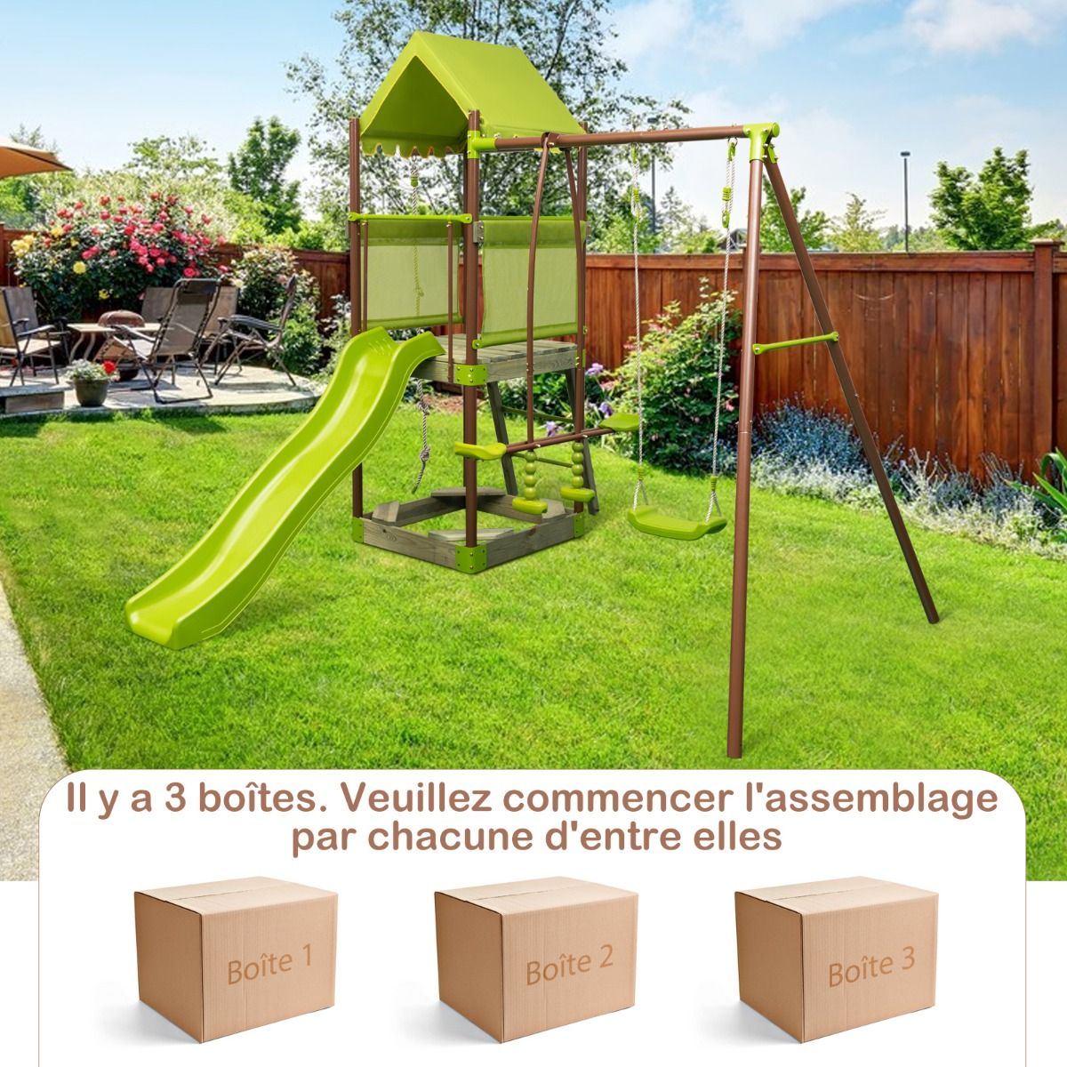 7-in-1 Swing Metal Playground with Covered Fort Height Adjustable Climbing Rope Sandbox Slider Corrugated Slide Green -