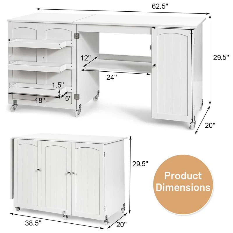 62.5" Folding Sewing Table Rolling Craft Station with Storage Cabinet & Shelves - Product image 16