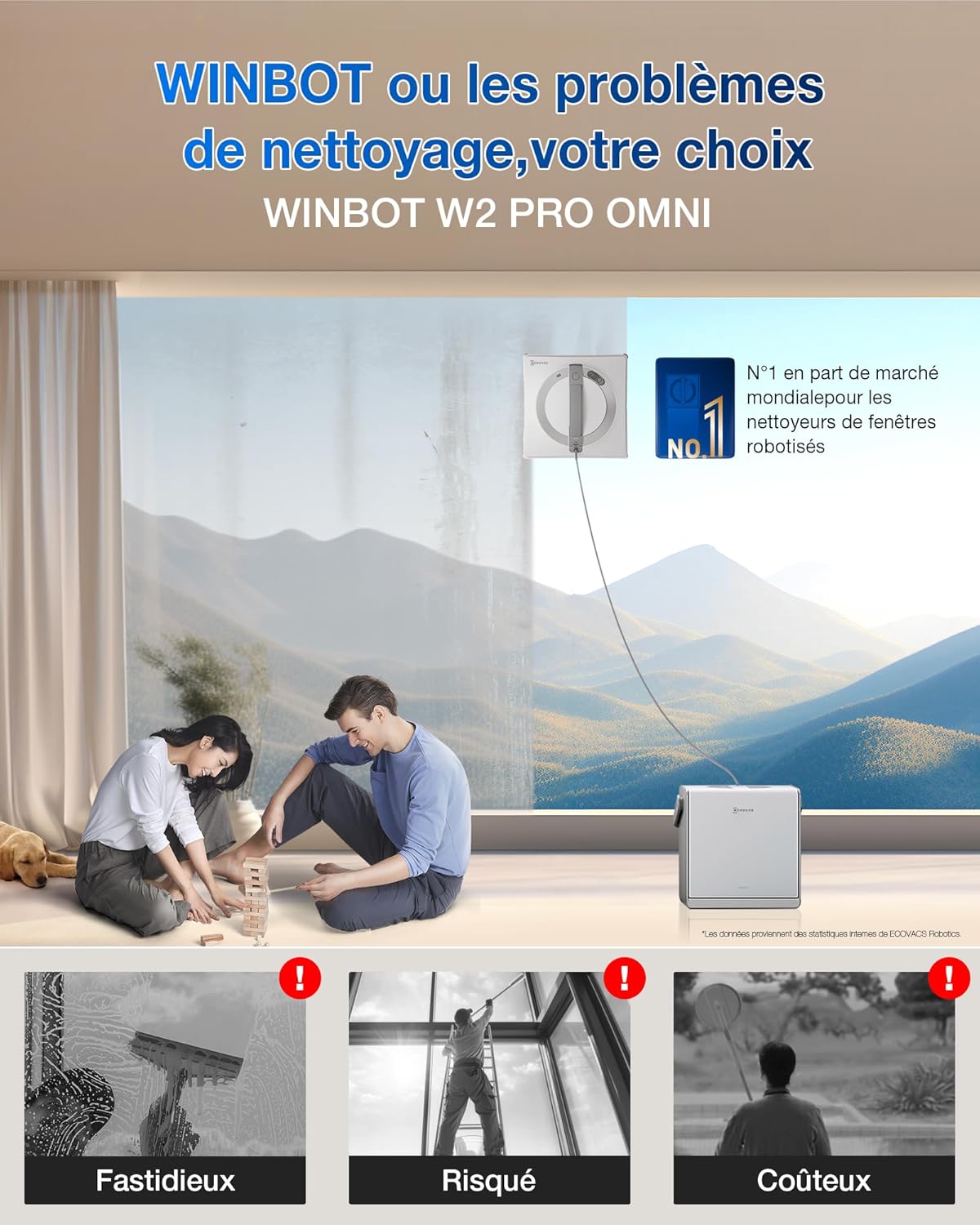ECOVACS WINBOT W2 Pro Omni Robot Window Cleaner with Multi-Function Station, Charges During Operation, Triple Tip Nozzle, 12-Level Protection System