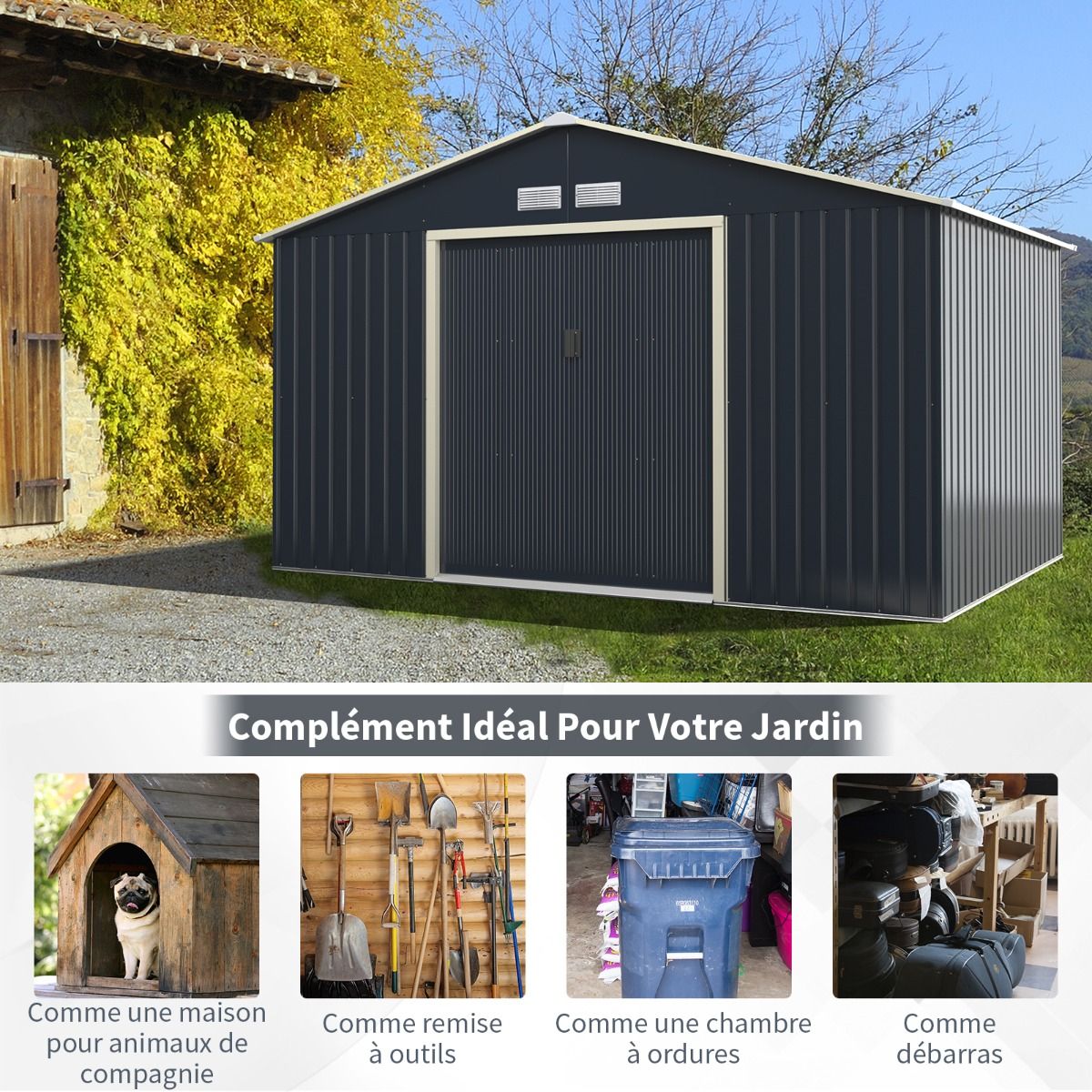 Metal Garden Shed 8.67 340 x 255 x 210 cm with 2 Lockable Sliding Doors 4 Ventilation Holes Gray for Bicycle -