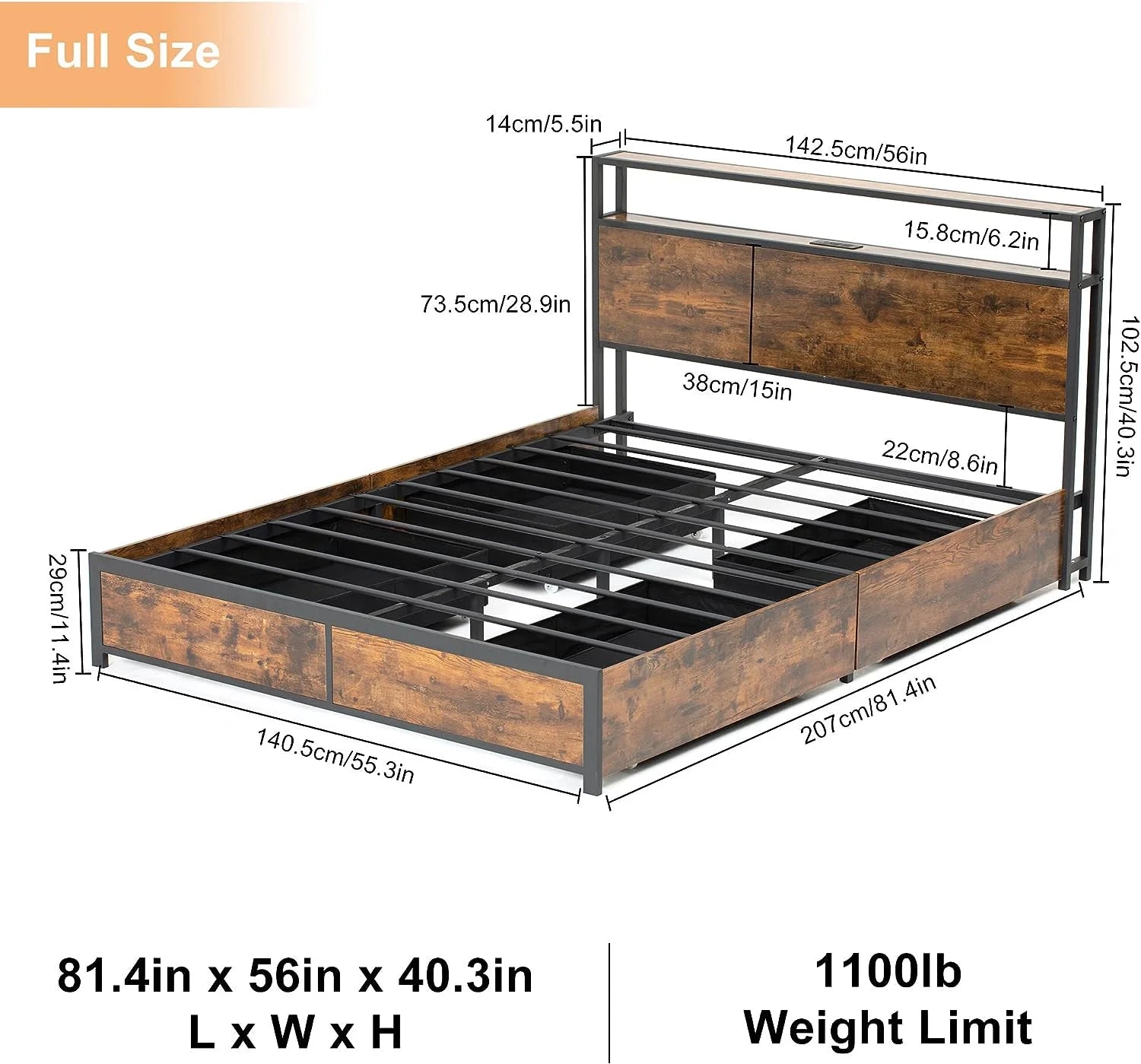 LED Full Bed Frame with Storage Headboard & 4 Drawers, Industrial Metal Platform Bed with Power Charging - Product image 6