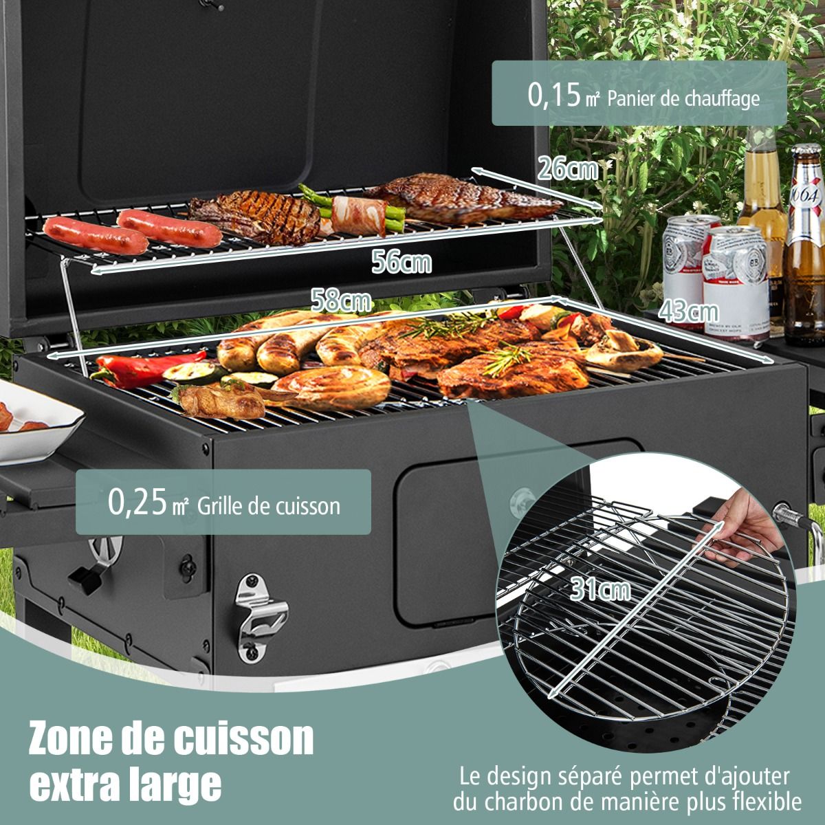 Portable Charcoal Barbecue with 2 Side Tables Black -