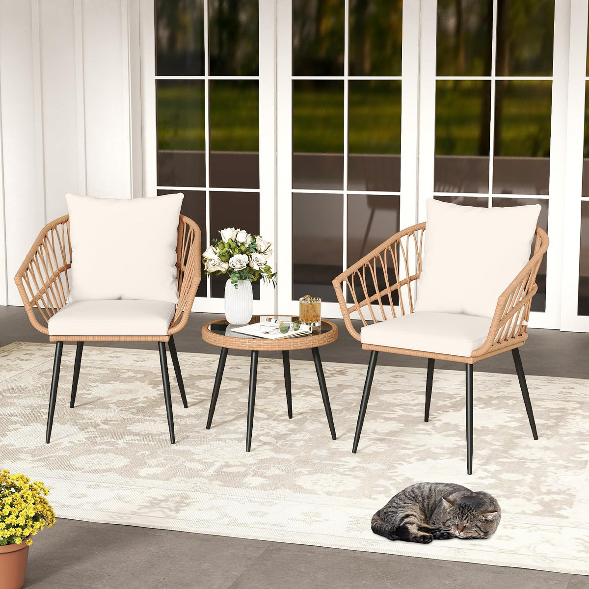 Tangkula 3 Piece Patio Bistro Set with Metal Frame for Balcony
