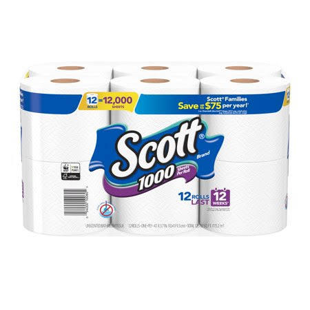 Scott Bathroom Tissue, 1000, Unscented, One-Ply - 12 rolls - Product image 1