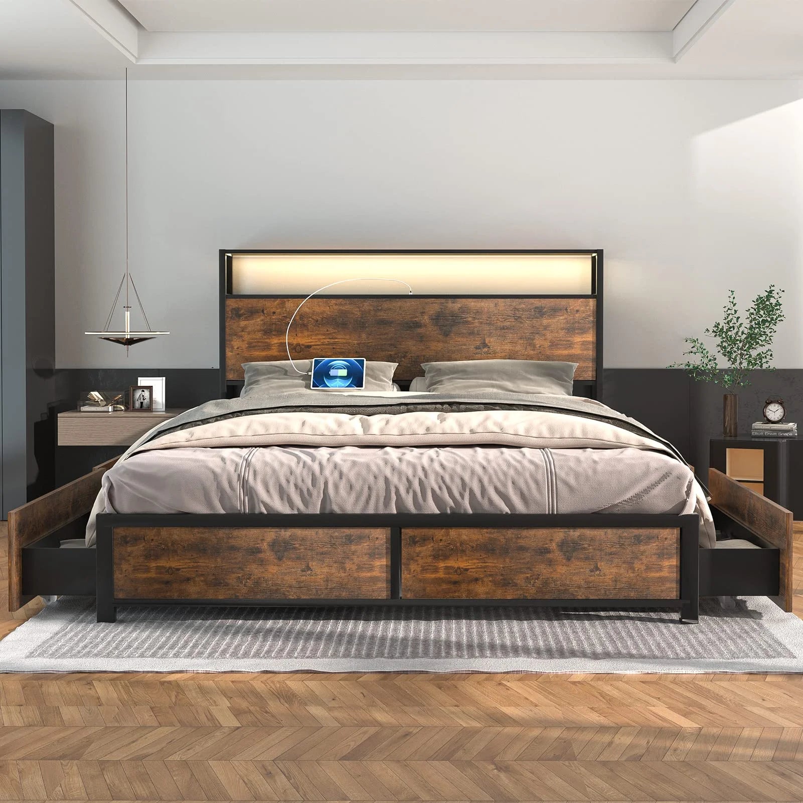 LED Full Bed Frame with Storage Headboard & 4 Drawers, Industrial Metal Platform Bed with Power Charging - Product image 8