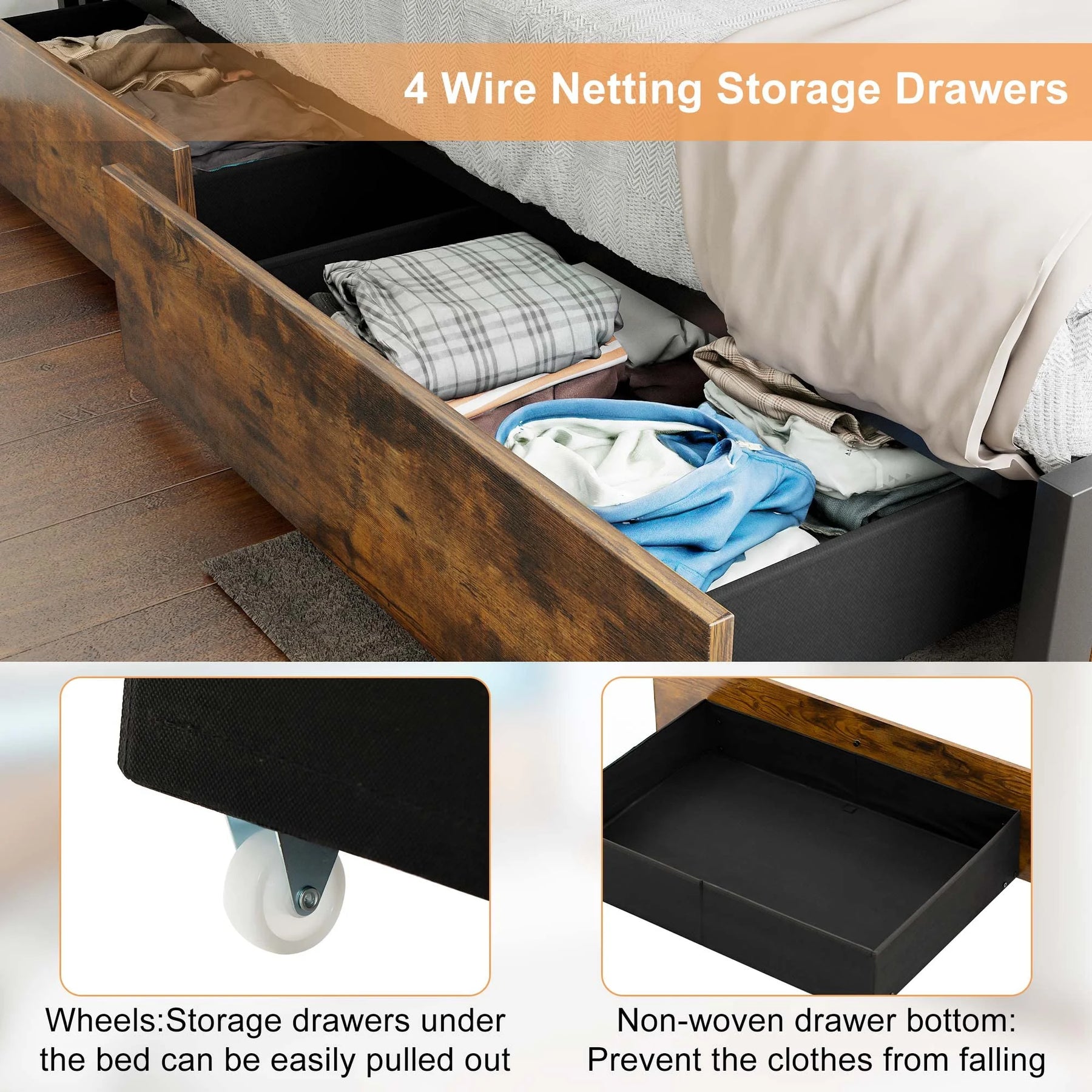 LED Full Bed Frame with Storage Headboard & 4 Drawers, Industrial Metal Platform Bed with Power Charging - Product image 5