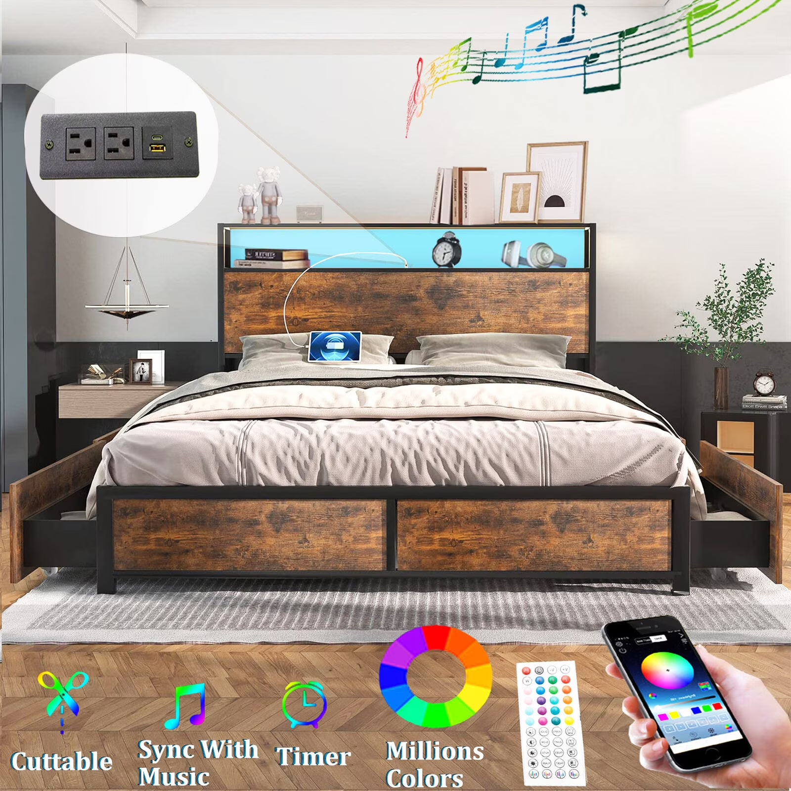 LED Full Bed Frame with Storage Headboard & 4 Drawers, Industrial Metal Platform Bed with Power Charging - Product image 1