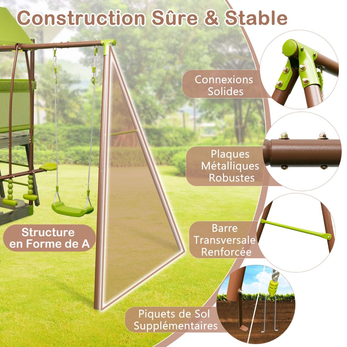 7-in-1 Swing Metal Playground with Covered Fort Height Adjustable Climbing Rope Sandbox Slider Corrugated Slide Green -