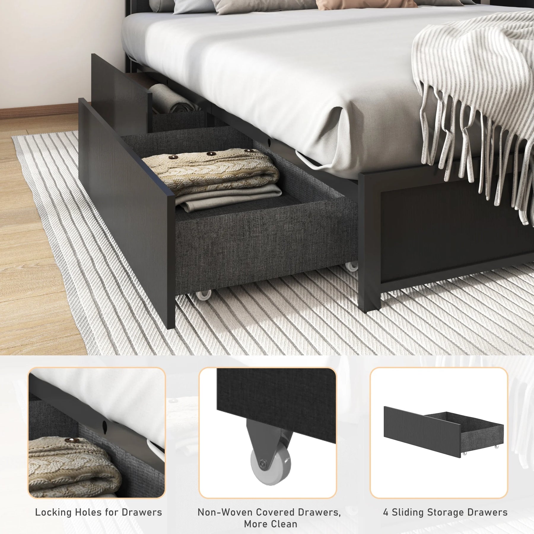 LED Full Bed Frame with Storage Headboard & 4 Drawers, Industrial Metal Platform Bed with Power Charging - Product image 13