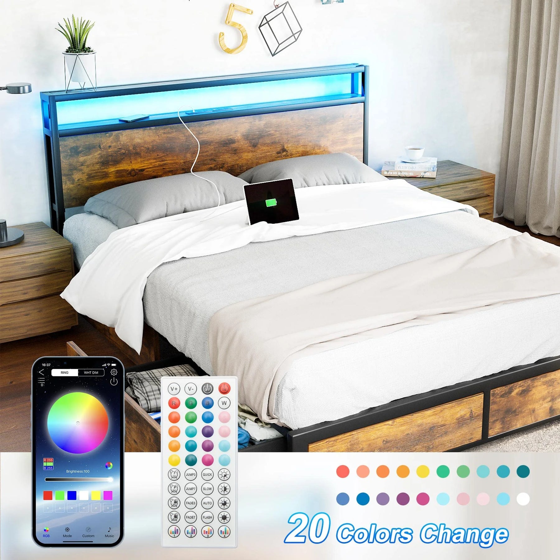 LED Full Bed Frame with Storage Headboard & 4 Drawers, Industrial Metal Platform Bed with Power Charging - Product image 2