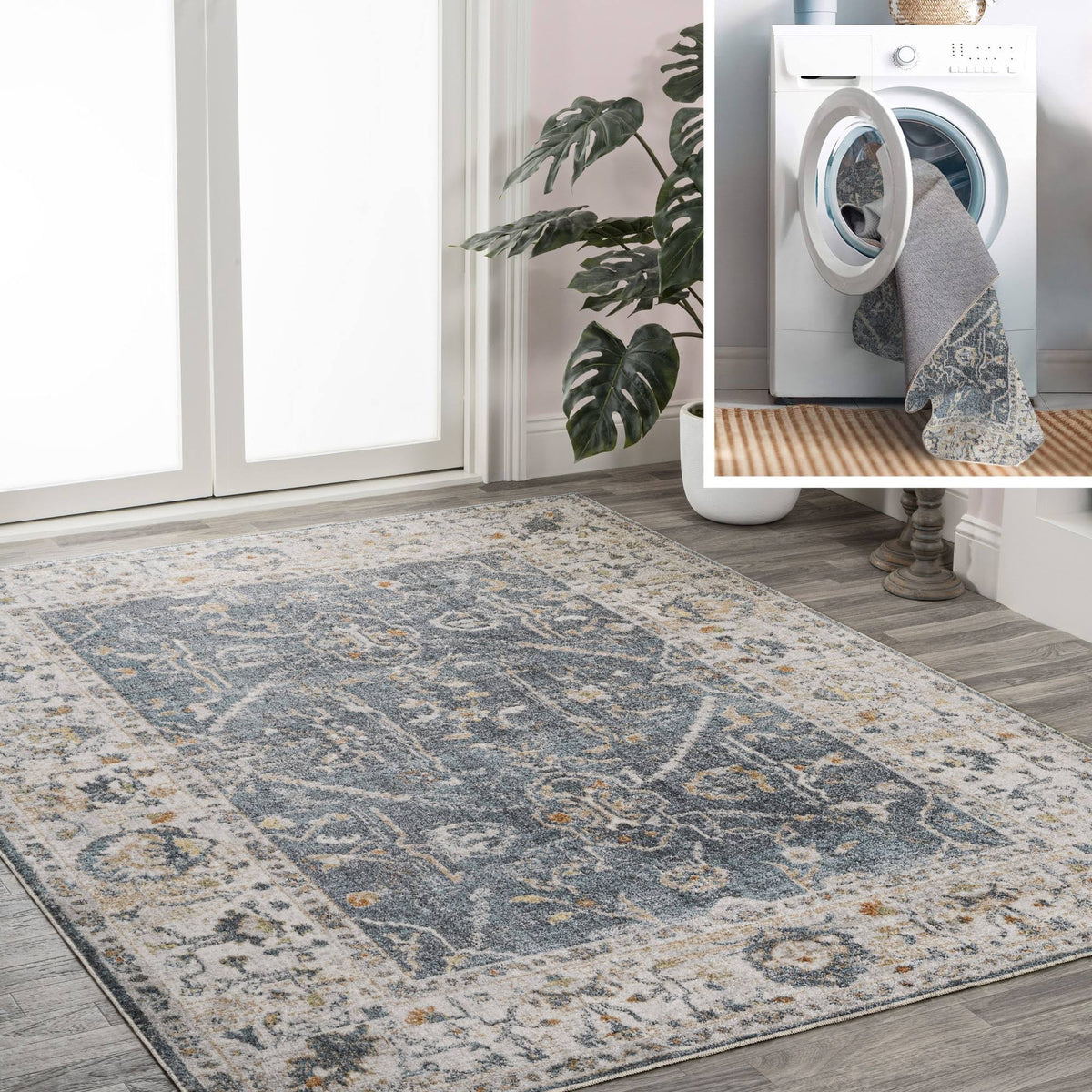 Jonathan Y Brandy Rustic Border Low-Pile Machine-Washable Dark Gray/Cream 3 ft. x 5 ft. Area Rug - Product image 1