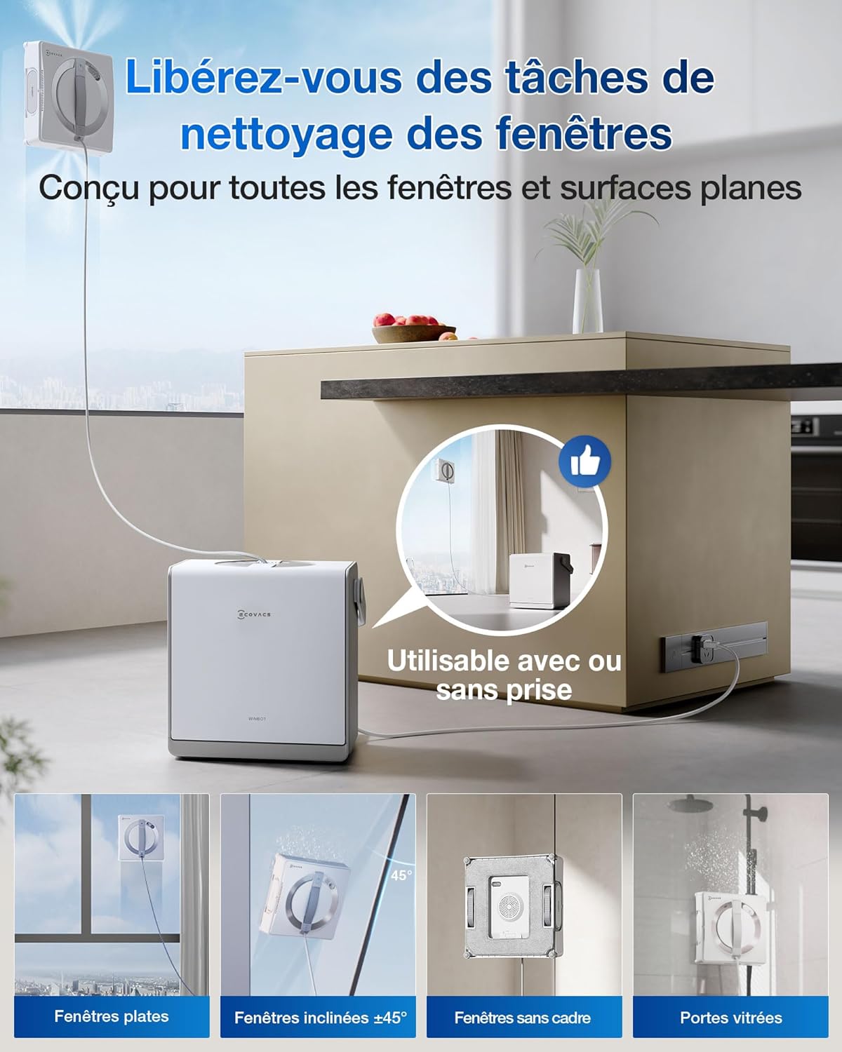 ECOVACS WINBOT W2 Pro Omni Robot Window Cleaner with Multi-Function Station, Charges During Operation, Triple Tip Nozzle, 12-Level Protection System