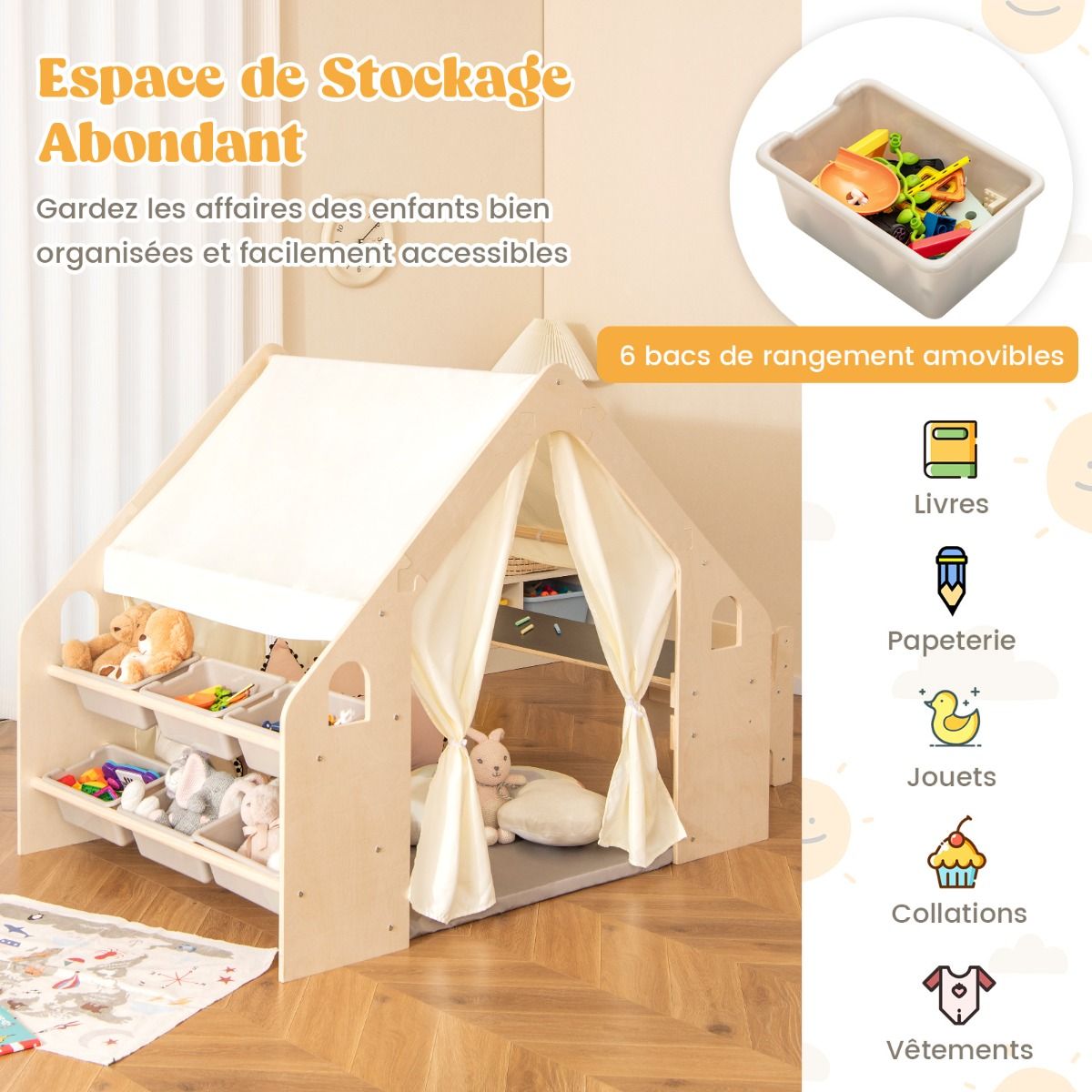 Children's Wooden Indoor Play Tent 6 in 1 Blackboard Table Chair 6 Storage Bins Floor Cushion Playhouse for 2-6 Years Old Beige -