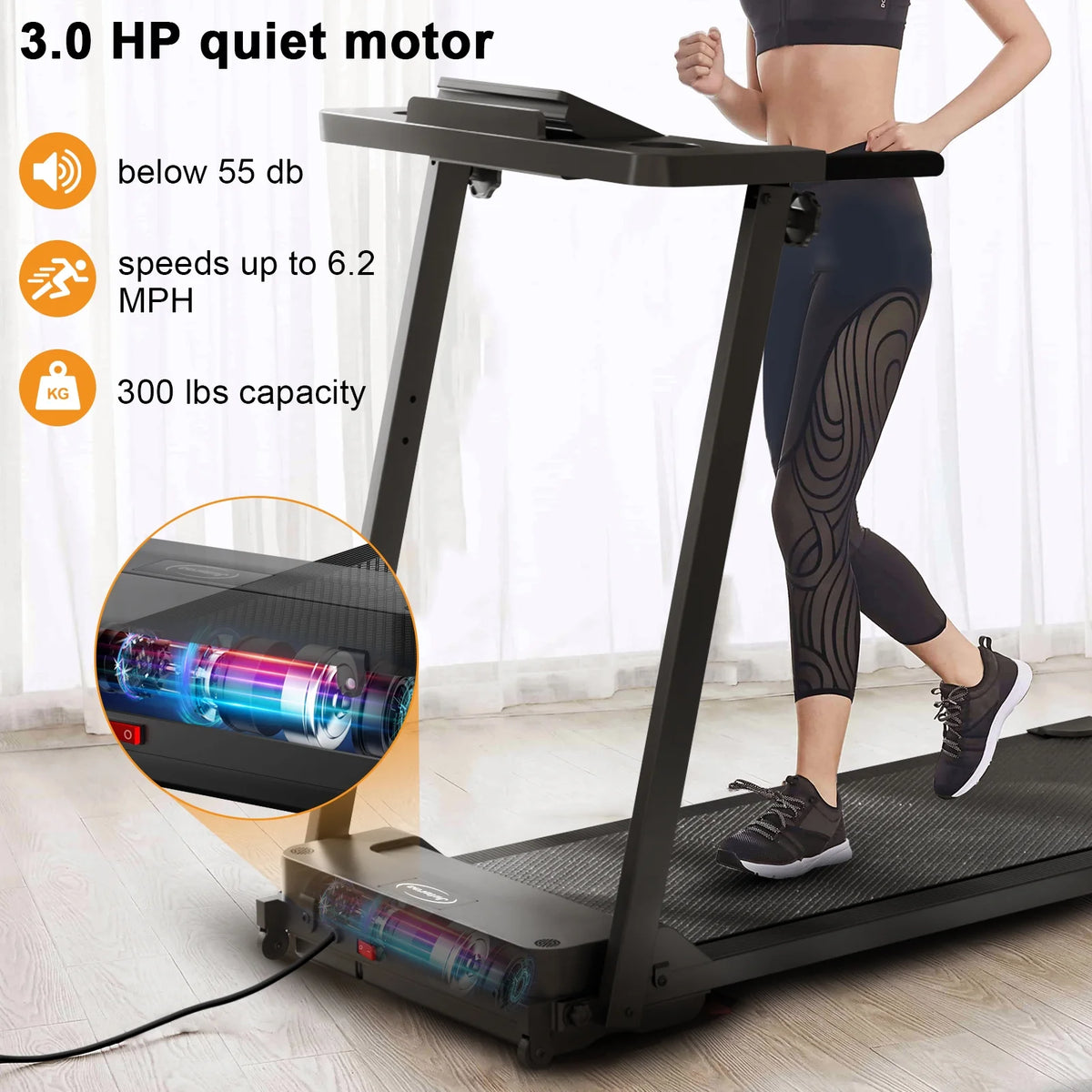 300 lb Portable Folding Treadmill, 3.0 HP Foldable Compact Treadmill for Home Office - Product image 6