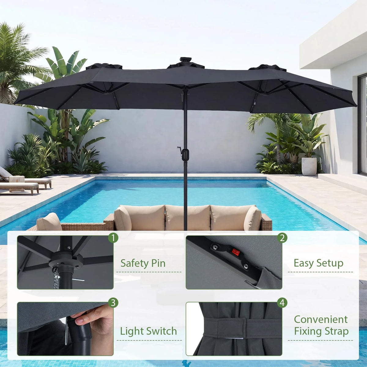 Tangkula 13 Ft Solar Patio Umbrella 36 LED Lights Crank Handle 12 Sturdy Ribs - Product image 7