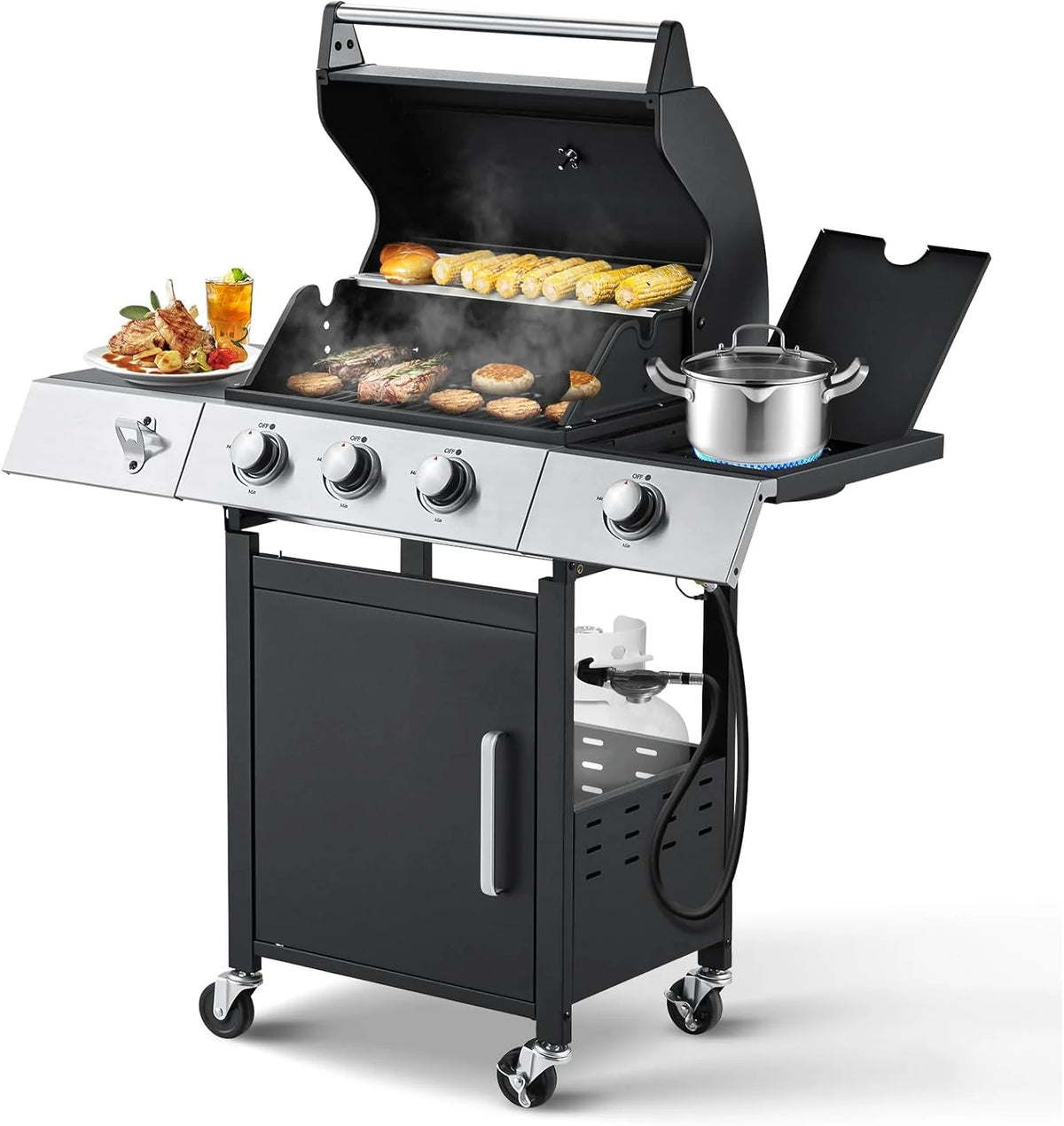 Upgraded 4 Burner BBQ Propane Gas Grill with Cast Iron Grates & Side Stove, 44 - Product image 3