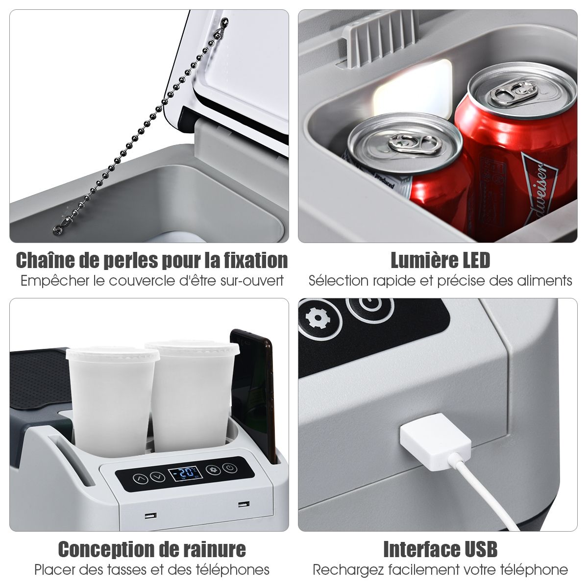 Car Fridge Freezer 12L Portable Compressor -20°C to +10°C LED Bulbs 2 Cup Holders 23x53x36cm -