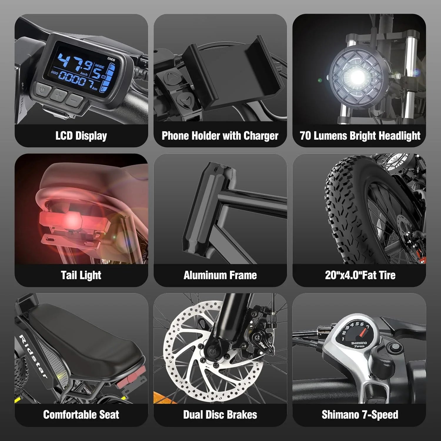 Ridstar Electric Bike for Adults, Peak 1500W 30MPH, 48V 15.6ah Electric Bicycle - Product image 9
