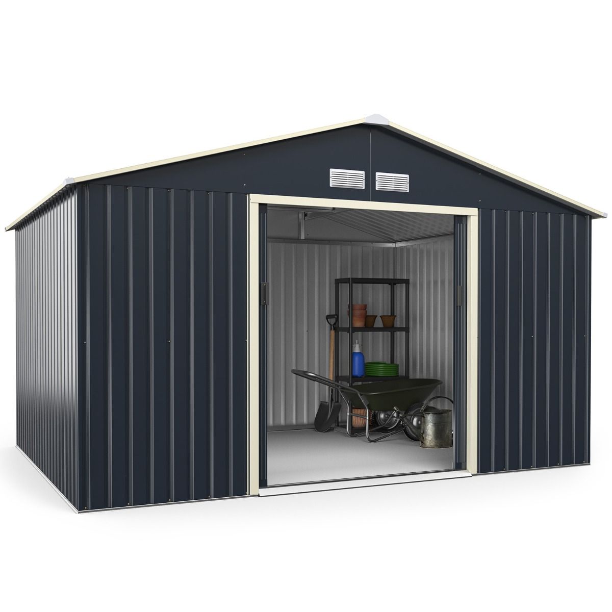 Metal Garden Shed 8.67 340 x 255 x 210 cm with 2 Lockable Sliding Doors 4 Ventilation Holes Gray for Bicycle -
