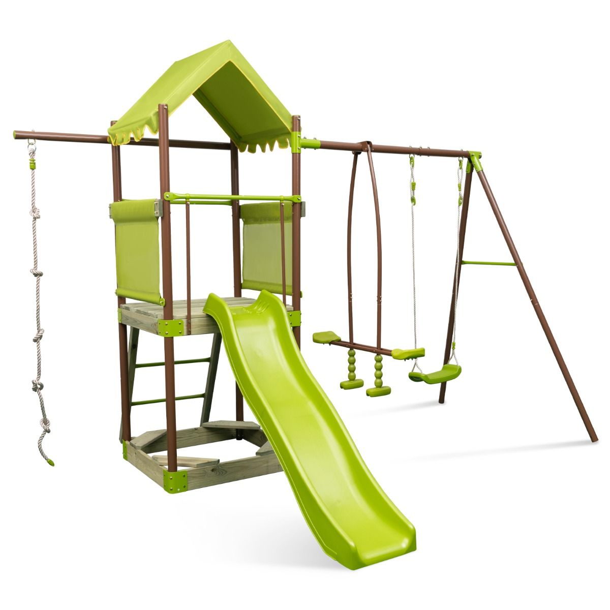 7-in-1 Swing Metal Playground with Covered Fort Height Adjustable Climbing Rope Sandbox Slider Corrugated Slide Green -