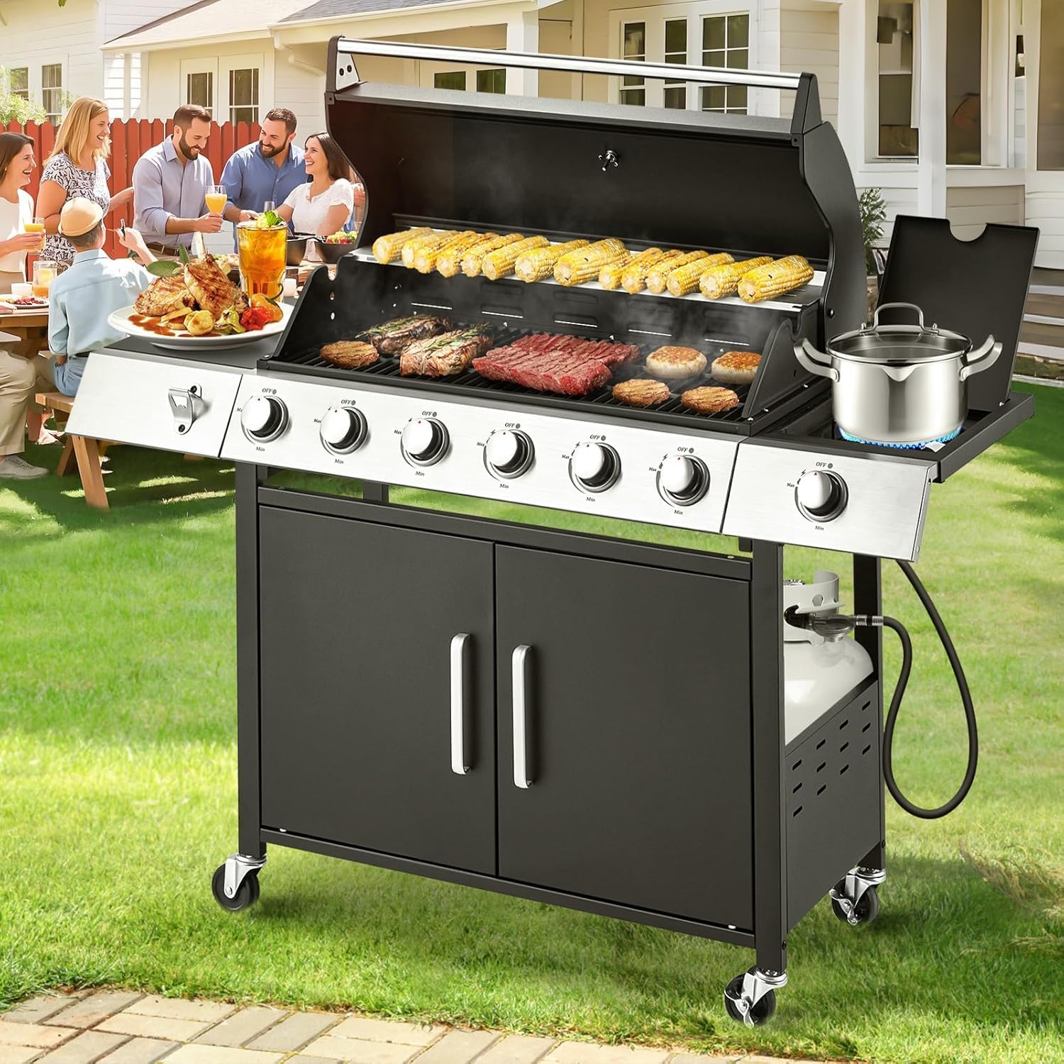 Upgraded 4 Burner BBQ Propane Gas Grill with Cast Iron Grates & Side Stove, 44 - Product image 4