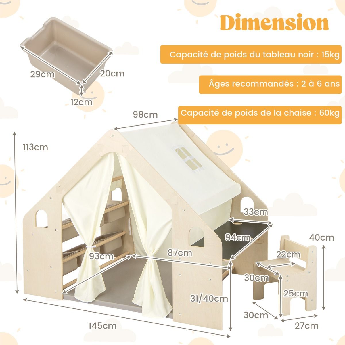 Children's Wooden Indoor Play Tent 6 in 1 Blackboard Table Chair 6 Storage Bins Floor Cushion Playhouse for 2-6 Years Old Beige -
