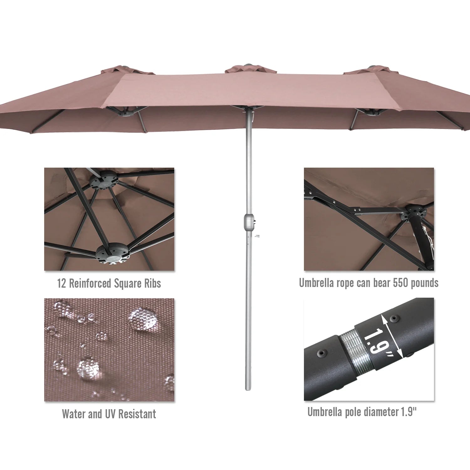 AECOJOY 15x9ft Double-Sided Patio Umbrella, Brown - Product image 6