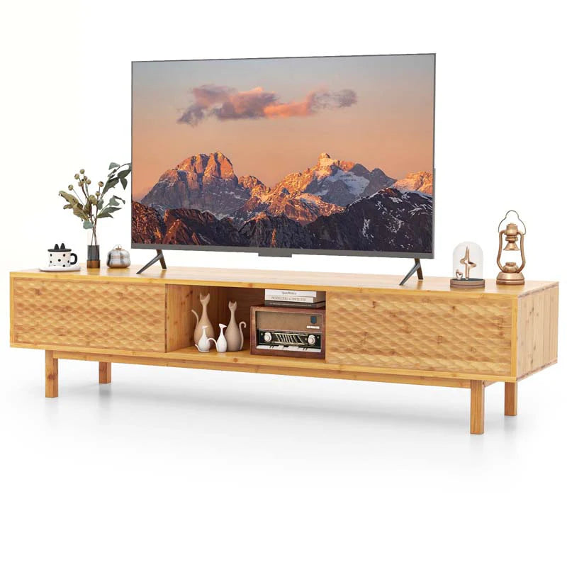 63" Bamboo TV Stand for Up to 70" TVs, Mid Century Modern Entertainment Center Media Console with Sliding Doors & 3 Storage Cubbies for