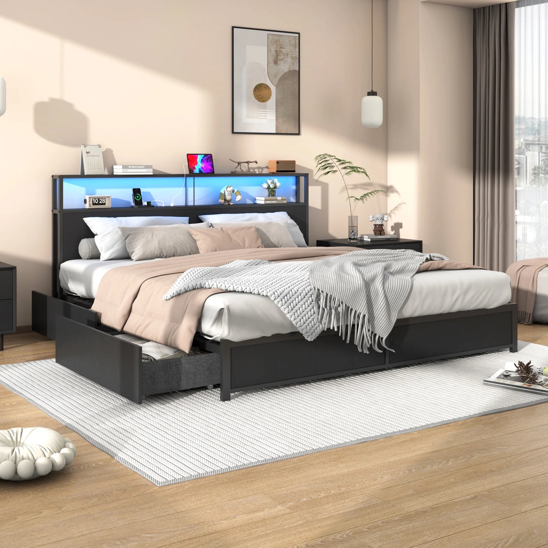 LED Full Bed Frame with Storage Headboard & 4 Drawers, Industrial Metal Platform Bed with Power Charging - Product image 17