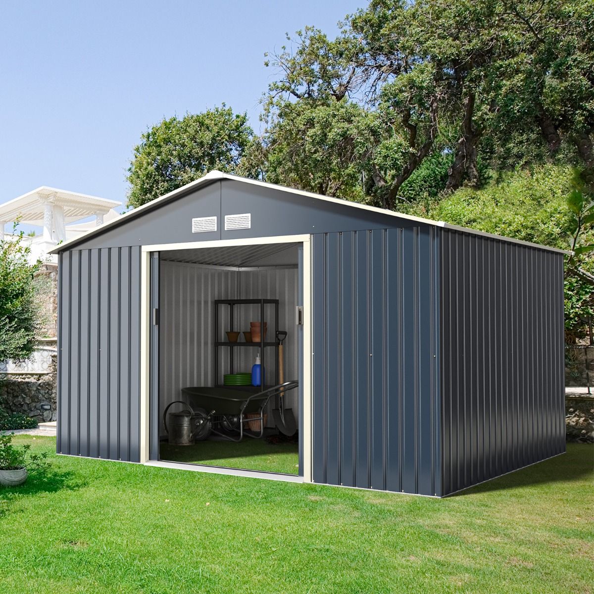 Metal Garden Shed 8.67 340 x 255 x 210 cm with 2 Lockable Sliding Doors 4 Ventilation Holes Gray for Bicycle -