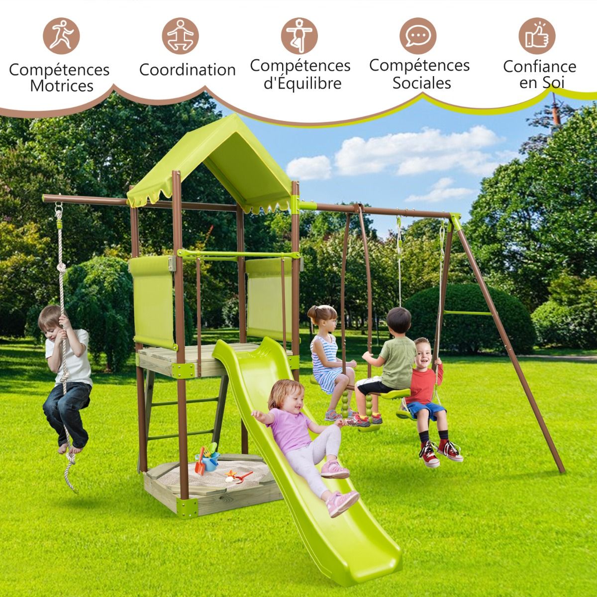 7-in-1 Swing Metal Playground with Covered Fort Height Adjustable Climbing Rope Sandbox Slider Corrugated Slide Green -