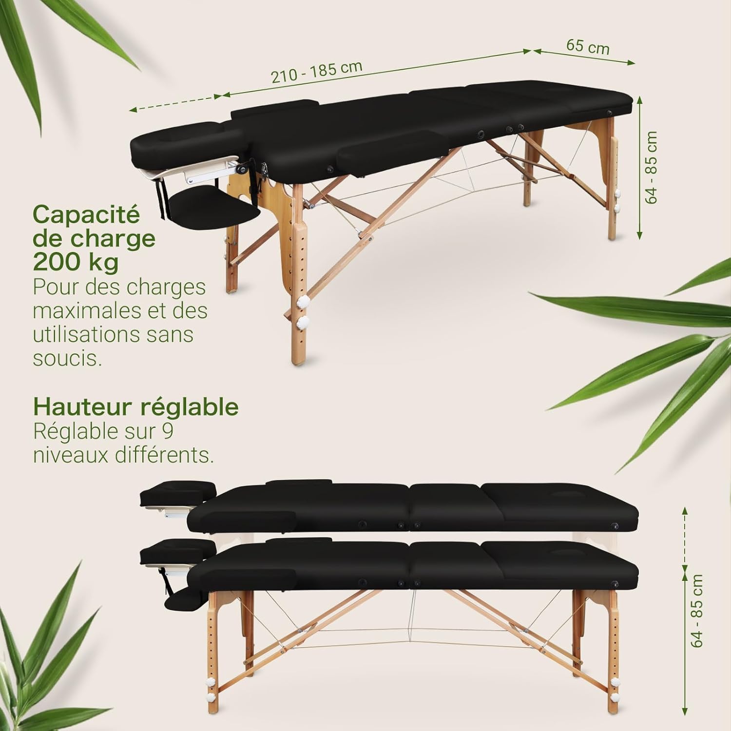 MASSUNDA All INKL Folding and Height-Adjustable Massage Chair – Mobile Solid Wood Massage Table with Sponge Cover, Armrests and Backrests, Ergonomic Headrest (Black)