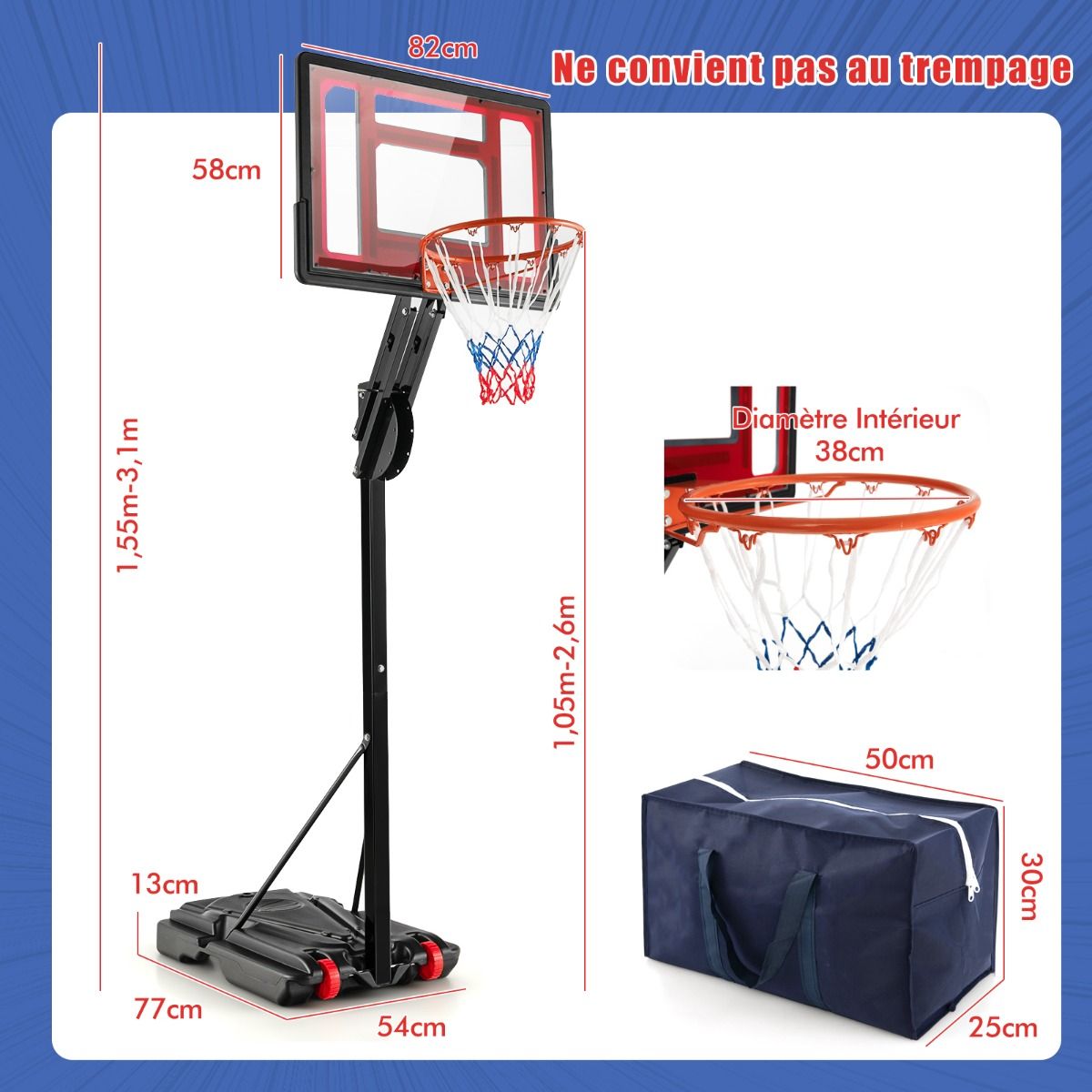 Freestanding Basketball Hoop with Adjustable Height 1.55-3.1m Basketball Stand with PE Backboard for Children and Yellows -