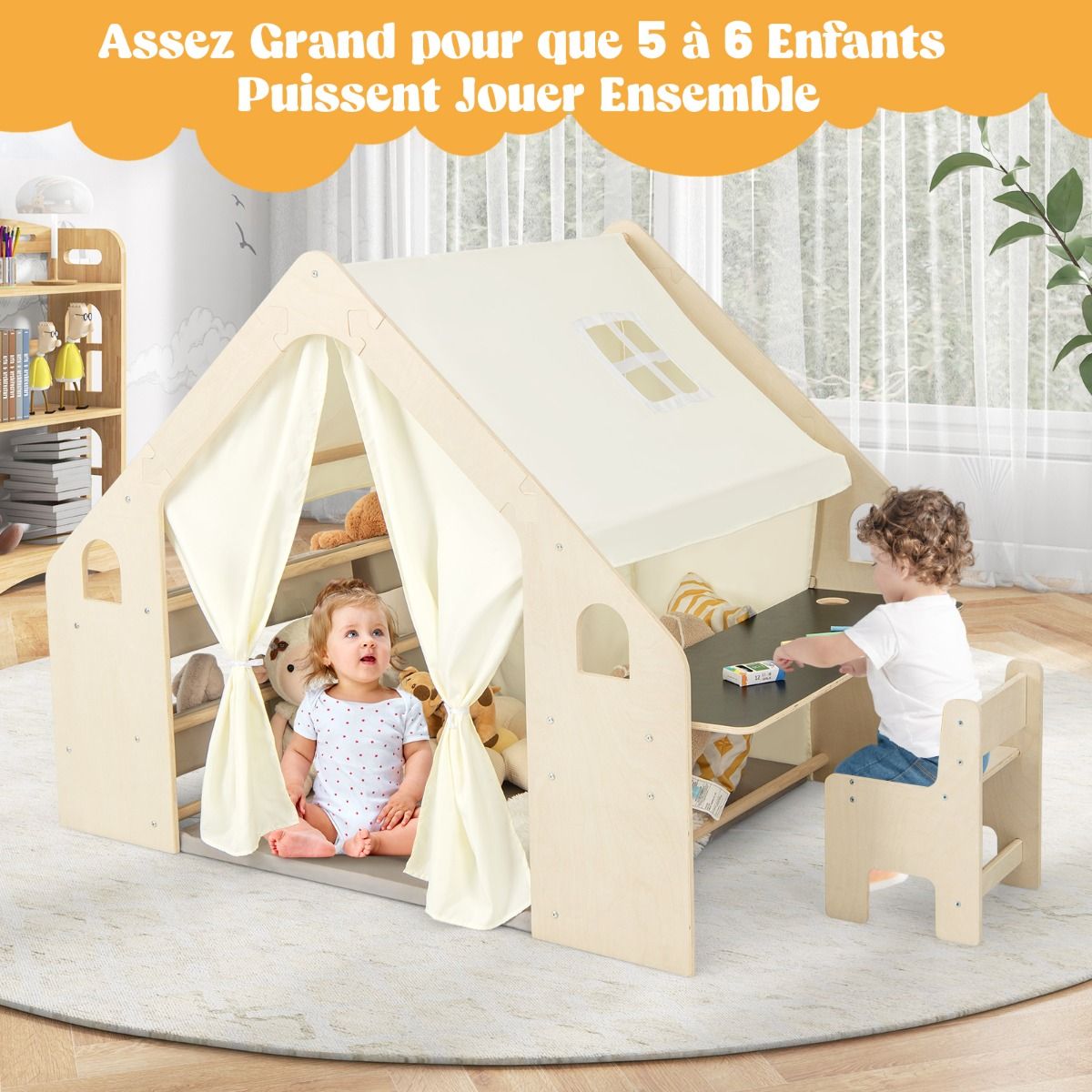 Children's Wooden Indoor Play Tent 6 in 1 Blackboard Table Chair 6 Storage Bins Floor Cushion Playhouse for 2-6 Years Old Beige -