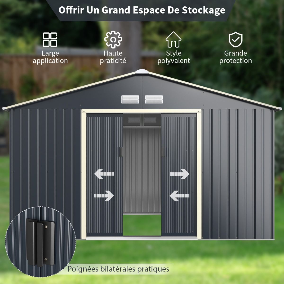 Metal Garden Shed 8.67 340 x 255 x 210 cm with 2 Lockable Sliding Doors 4 Ventilation Holes Gray for Bicycle -