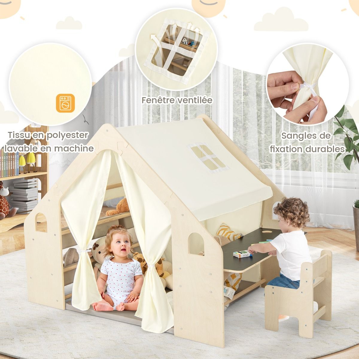 Children's Wooden Indoor Play Tent 6 in 1 Blackboard Table Chair 6 Storage Bins Floor Cushion Playhouse for 2-6 Years Old Beige -