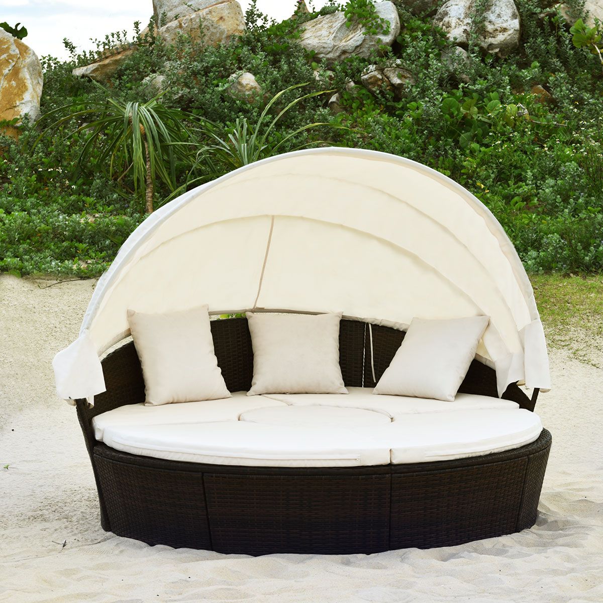 Round Outdoor Garden Bed Modular & Convertible Liftable Table - Adjustable PE Rattan Sun Shade Cushions Included Beige -