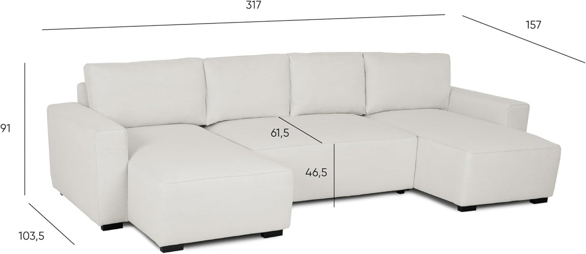 Budwing Jordan 5-Seater Sofa Bed – Panoramic Chaise Longue, Premium Comfort – Contemporary Style, 100% Polyester Fabric – 317x157x91 cm – Light Beige