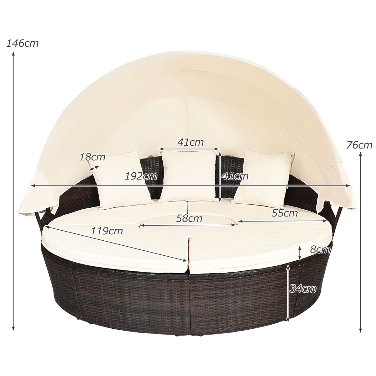 Round Outdoor Garden Bed Modular & Convertible Liftable Table - Adjustable PE Rattan Sun Shade Cushions Included Beige -