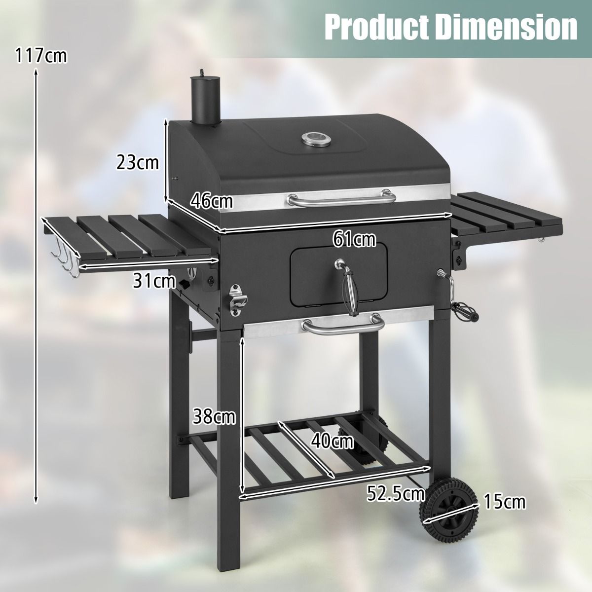 Portable Charcoal Barbecue with 2 Side Tables Black -