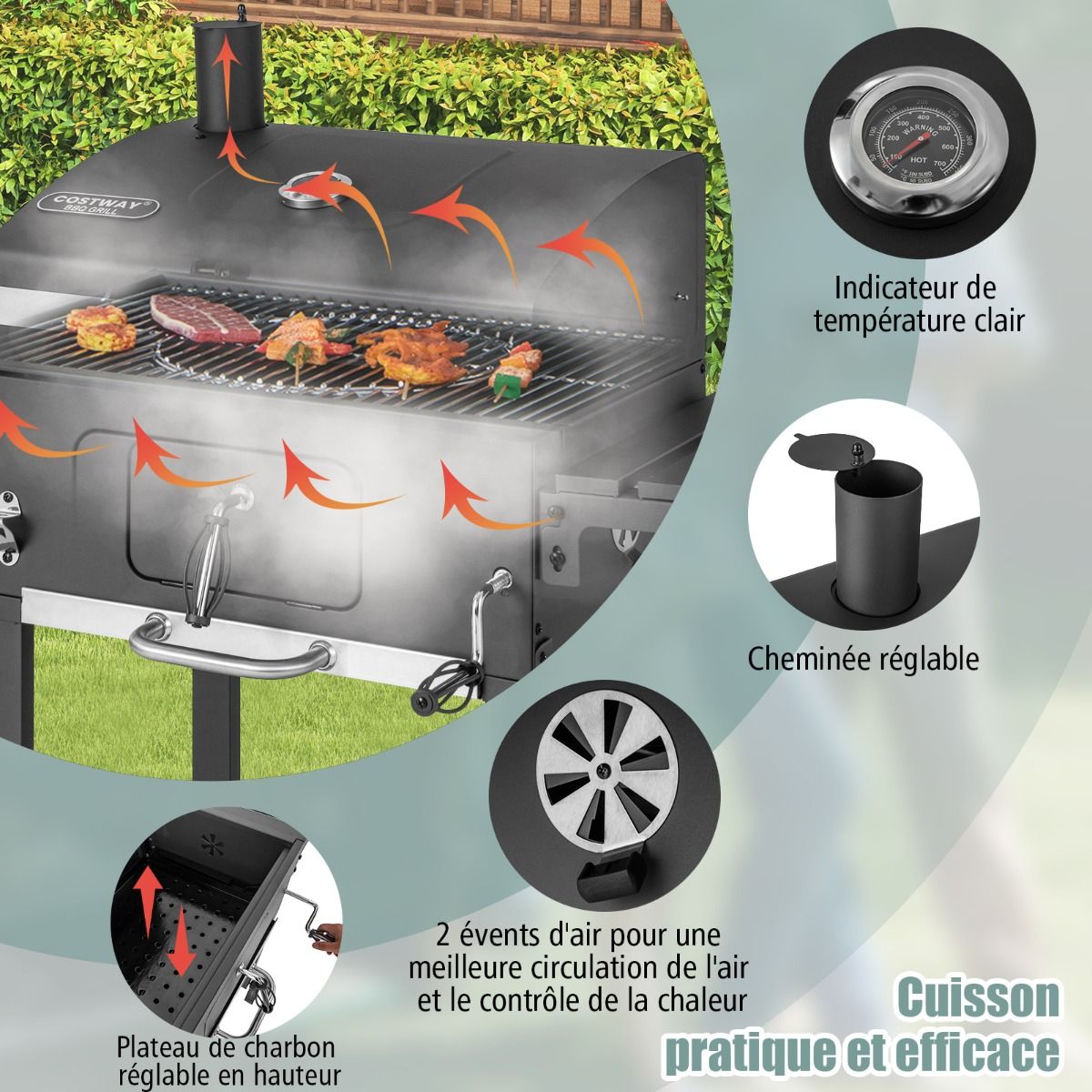 Portable Charcoal Barbecue with 2 Side Tables Black -