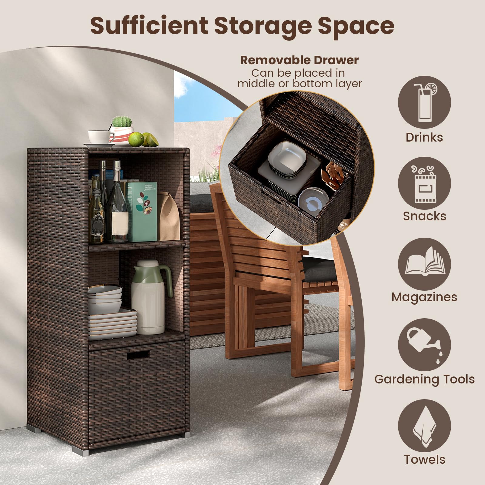 Tangkula Rattan Patiojoy Outdoor Wicker Cabinet with 3 Shelves - Product image 6